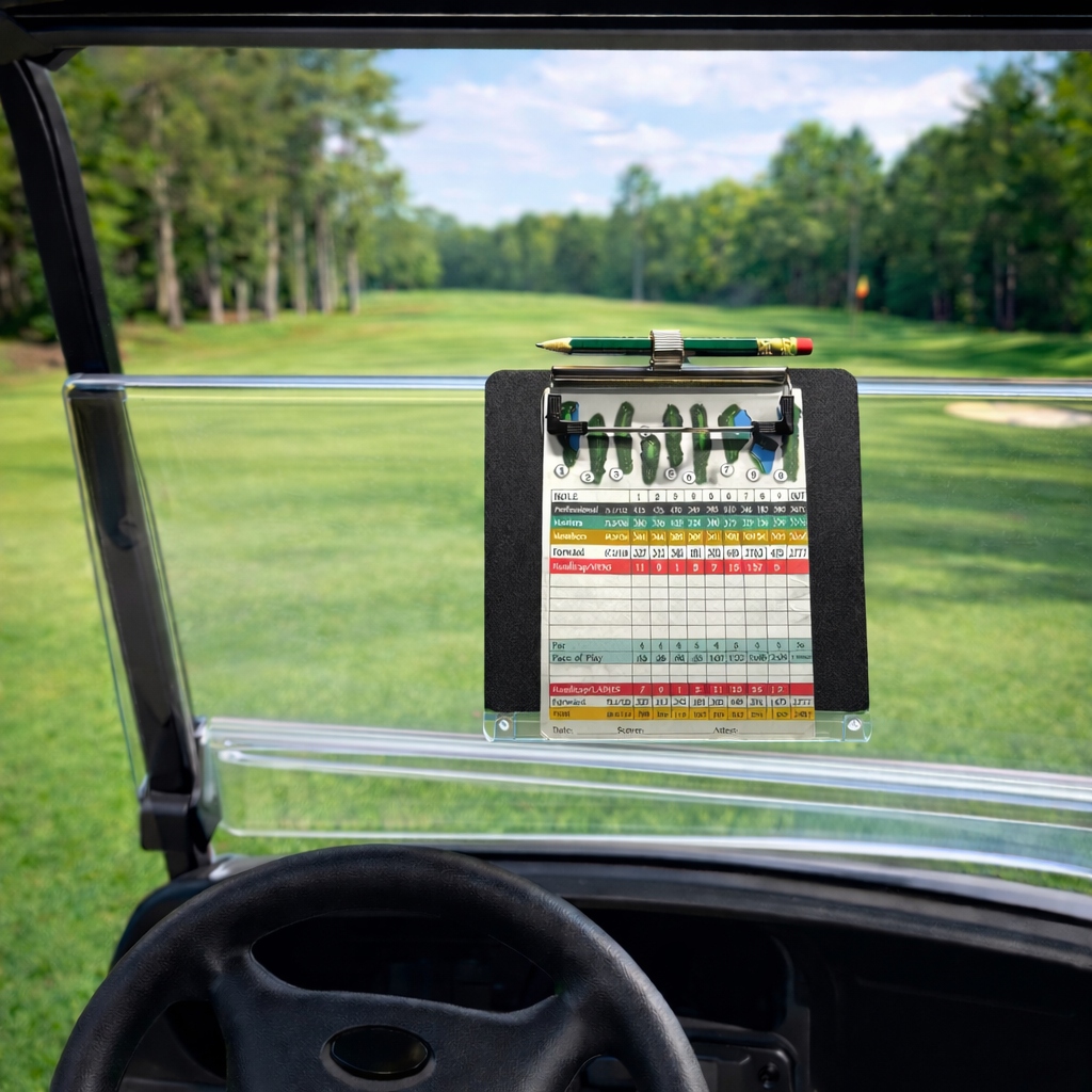 Custom golf cart scorecard holder mounted on a golf cart dashboard